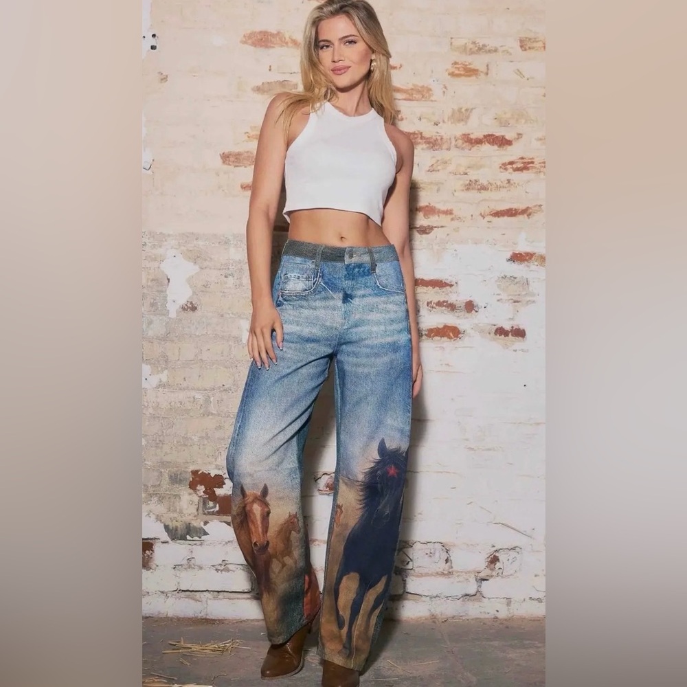 Women’s Blue Graphic Wide-Leg Jeans with Horse Print XS-XL